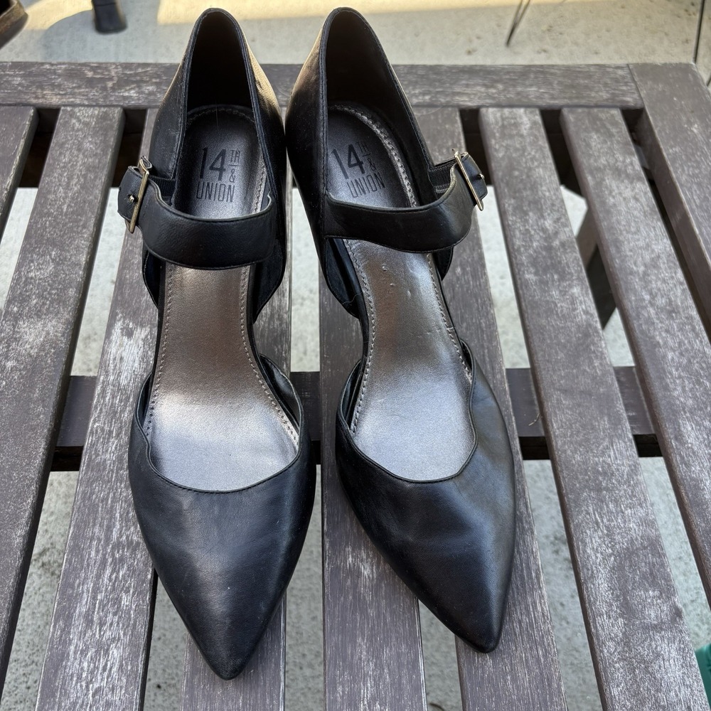 14th & Union Women 10 Black Mary Jane Pumps Goth D'Orsay Leather Stiletto Heels